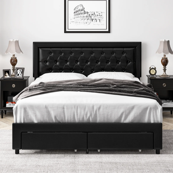 Luxurious King Size Velvet Tufted Upholstered Bed Frame with Adjustable Headboard, Button Tufting, and Nailhead Trim – No Box Spring Needed for Superior Support and Comfort