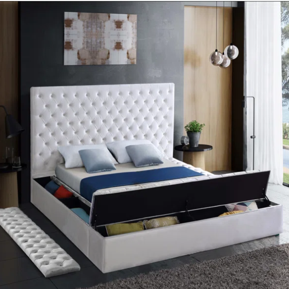 Elegant Velvet Upholstered King Size Platform Storage Bed with Tufted Headboard and Slats