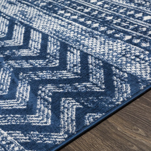 Southwestern-Inspired Geometric Rug – Navy Blue Diamond, Chevron & Dot Patterns on Off-White, Stain-Resistant, Perfect for High-Traffic Areas