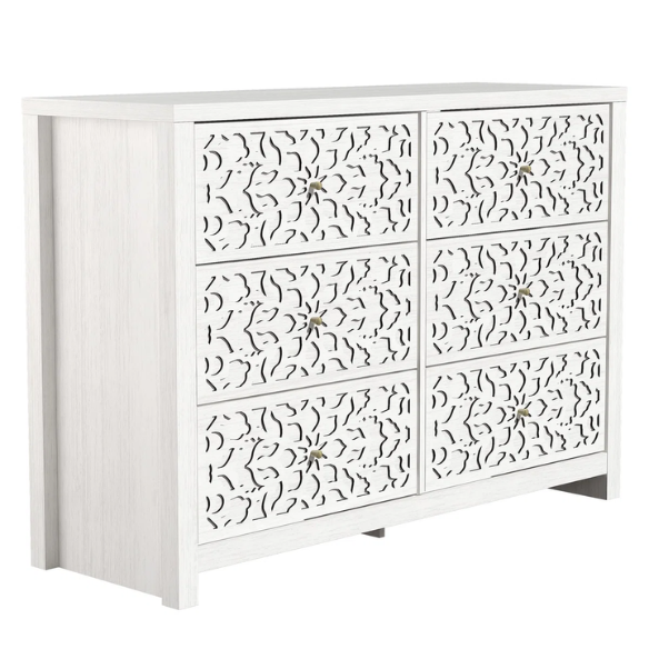 Boho-Inspired 45.4" 6-Drawer Dresser with Distressed Finish and Openwork Floral Details