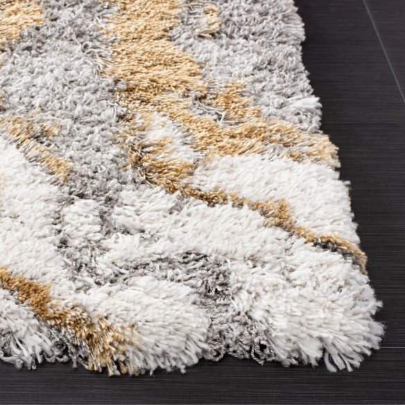 Plush Abstract Gold & Grey Pattern Shag Rug