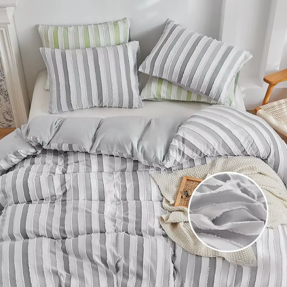 Luxurious Tufted Duvet Cover Set – Queen Size | Striped Textured Boho Bedding | Ultra-Soft Washed Microfiber | 3-Piece Set
