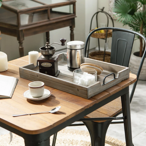 Rustic Wooden Coffee Table Tray with Handle Slots – Farmhouse-Inspired Accent for Stylish Organization and Decor