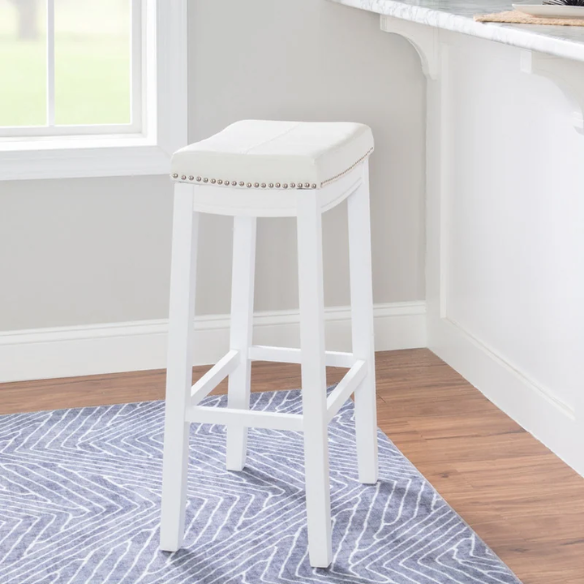 Backless Upholstered Counter Stool – Sturdy Wood Frame, Faux Leather Seat with Nailhead Trim & Double-Needle Stitching for Stylish and Durable Seating