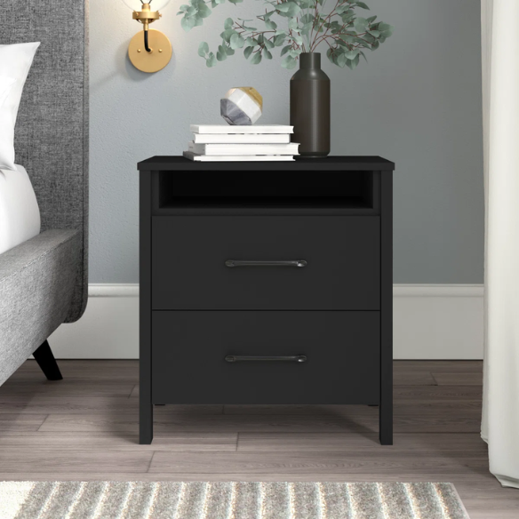 22.7" 2-Drawer Nightstand – Space-Saving Modern Minimalism, Engineered Wood with Clean-Lined Silhouette, Neutral Finish, Open Cubby & 2 Spacious Drawers for Bedroom Storage, Ideal for Tech & Accessories