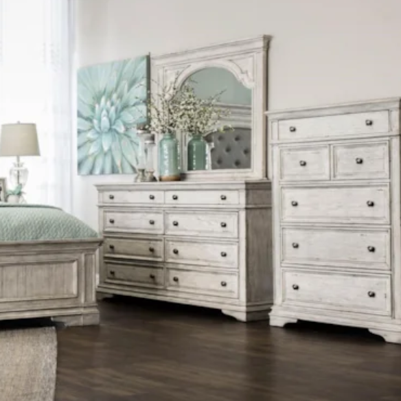 Rustic White King 5-Piece Bedroom Set – Upholstered Tufted Bed, Nightstand, Dresser with Mirror, and Chest