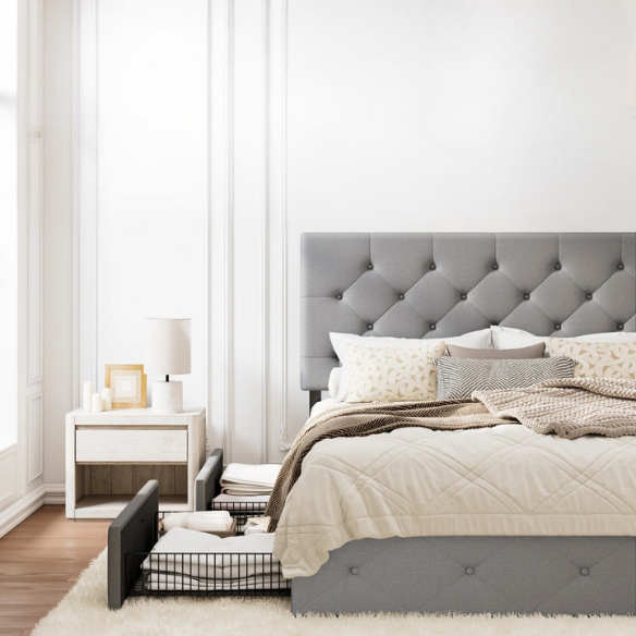 King Size Upholstered Platform Storage Bed with Spacious Drawers, Quiet Structure, and Sleek Minimalist Design