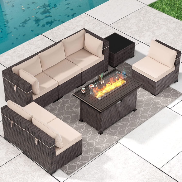 8-Piece Patio Furniture Set with 40" Fire Pit Table | Outdoor Wicker Sectional Sofa Set with Coffee Table | Perfect for Garden Gatherings