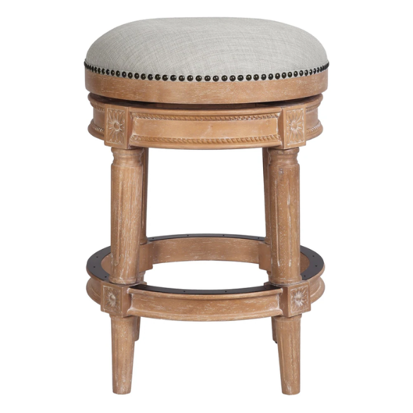 Backless Swivel 26" Counter-Height Bar Stool – Elegant Linen Upholstery with Nail Head Trim, 360-Degree Swivel, and Metal Footrest for Stylish Kitchen or Bar Seating