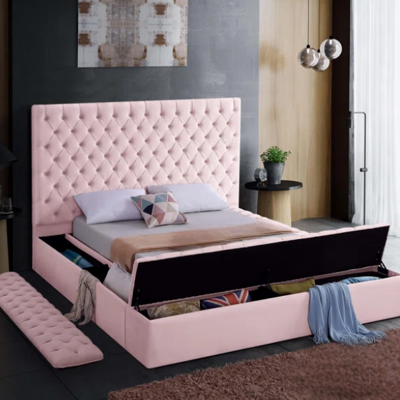 Elegant Velvet Upholstered King Size Platform Storage Bed with Tufted Headboard and Slats