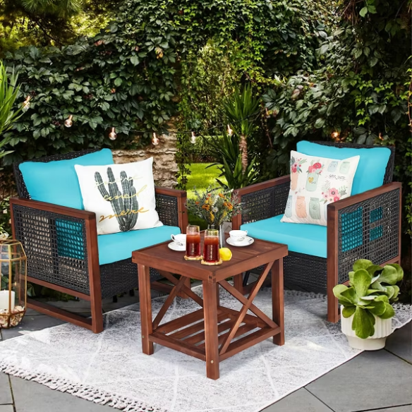 3-Piece Patio Wicker Furniture Set | Rattan Outdoor Sofa with Washable Cushions and Acacia Wood Coffee Table | Perfect for Garden and Backyard