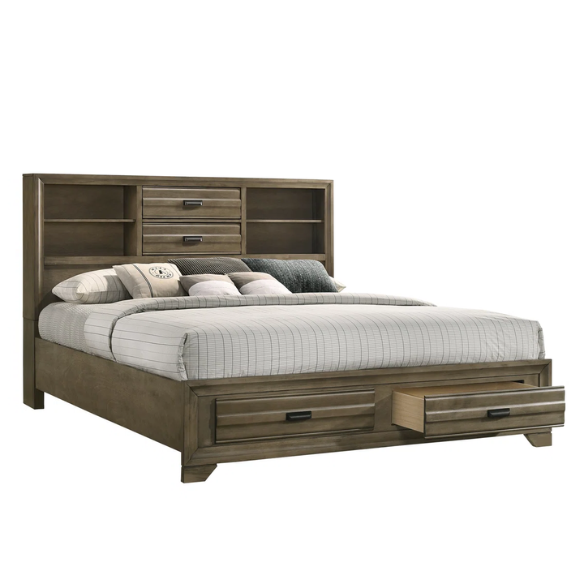 Contemporary Solid Wood 4-Piece Platform Queen Bedroom Set – Storage Bed with Headboard Shelves, Dresser, Nightstand, and Textured Drawer Fronts
