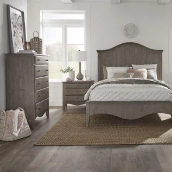 Rustic Charm Meets Chic Elegance: Solid Wood Platform King Size Bedroom Set with Scalloped Edges, Weathered White Wash Finish, Unique Grain Patterns, Angled Feet, and Oil-Rubbed Bronze Drawer Pulls