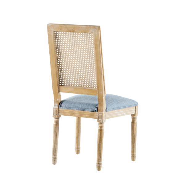 French Country Wood and Cane Upholstered Dining Chairs – Weathered Rubberwood Frame with Fluted Legs & Rectangular Cane Backrest