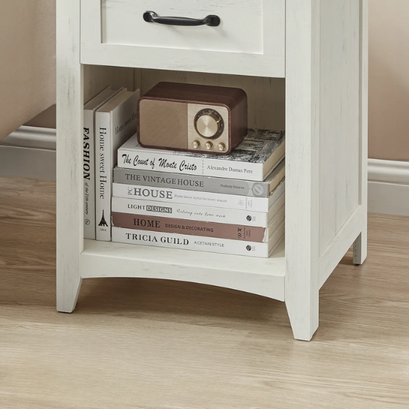 Farmhouse-Style Nightstand with Built-In Charging Station – Engineered Wood, Spacious Top, Drawer & Open Compartment, Matte Black Metal Handle, USB-A & USB-C Ports, AC Outlets, Ideal for Bedroom or Living Room