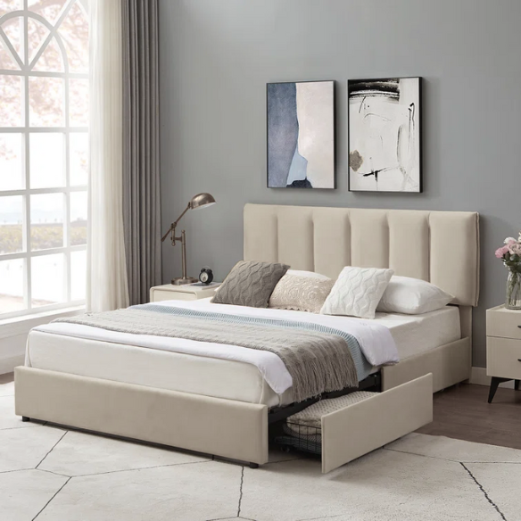 Velvet Upholstered Queen Size Platform Bed with Adjustable Headboard and 4 Storage Drawers