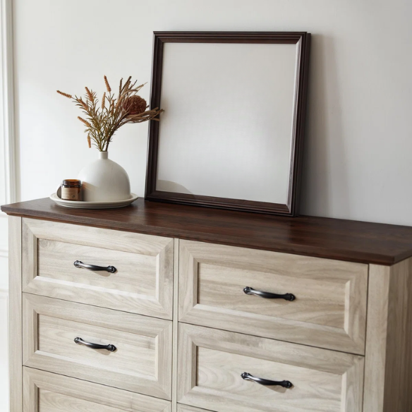 French Country-Inspired 8-Drawer 47.3" Double Dresser with Rustic Finish, Crown Molding, and Tapered Legs