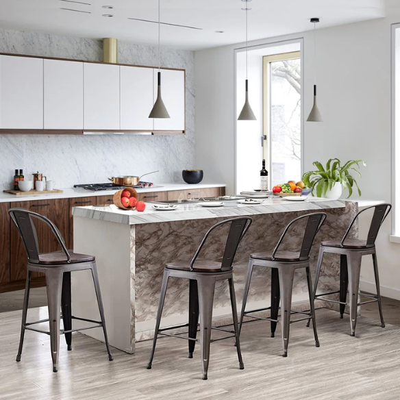 Set of 4 Farmhouse Counter Height Bar Stools – Rustic Industrial Style with Removable Backrest, Heavy-Duty Steel Frame, and Scratch-Resistant Finish