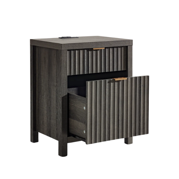 2-Drawer Nightstand with Built-In Outlets – Fluted Panels, Wood Grain Finish, Modern Design, Charging Station with 2 AC Outlets, USB & USB-C Ports, 4.9-Foot Power Cord, Set of 2