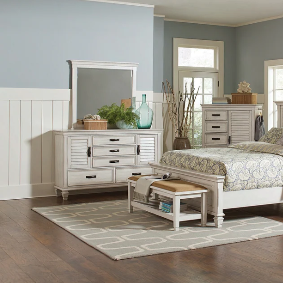 Rustic 2-Piece Wood Panel Bedroom Set with Louvered Headboard & Nightstand – Wire-Brushed Finish and Millwork Trim for a Warm, Homely Touch