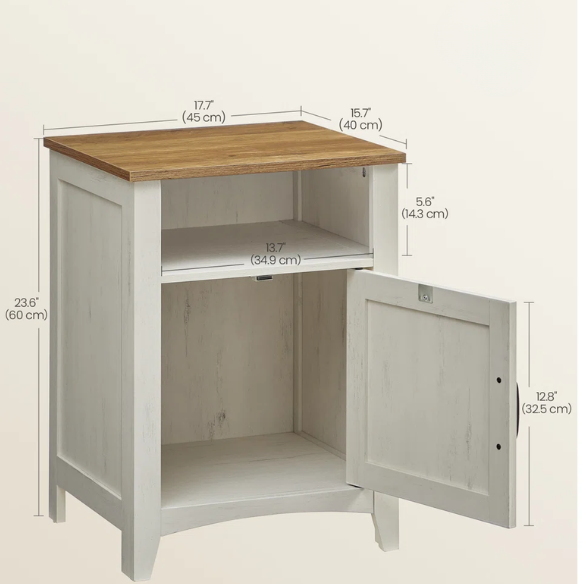 Farmhouse Nightstand with Cabinet & Open Compartment – Rustic Bedside Table, Distressed Finish, Barn Door Style, Matte Black Metal Handles, Flared Legs, Versatile Storage for Bedroom or Living Room