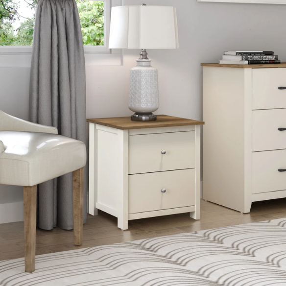 2-Drawer Nightstand – Neutral Engineered Wood, Streamlined Rectangular Design, Four Block Legs, Convenient Storage with Roller-Glide Drawers & Metal Knobs, Perfect for Traditional & Contemporary Bedroom