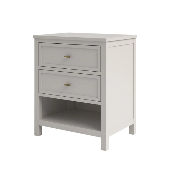 2-Drawer Nightstand – Traditional Solid Wood Frame with Inset Paneling, Neutral Finish, Gold Coastal-Inspired Drawer Pulls, Clean Lines & Spacious Surface for Bedroom Essentials