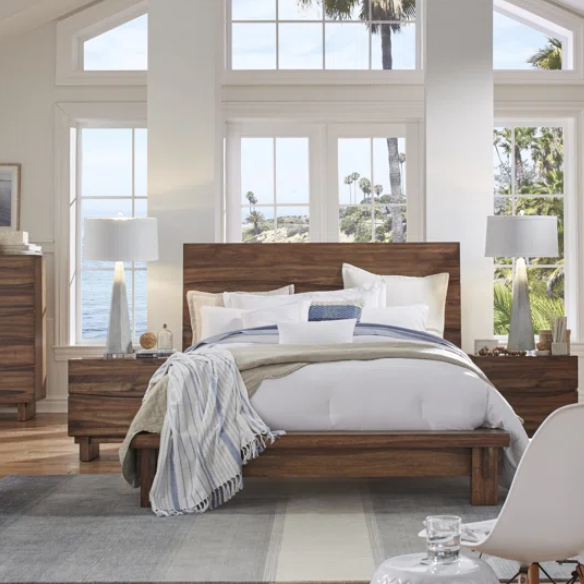 Boho-Inspired Configurable Bedroom Set with Bold Design, Solid Wood Construction, and Wavy Accents - Includes Platform Bed, Nightstand, and 6-Drawer Dresser in Rich Brown Finish