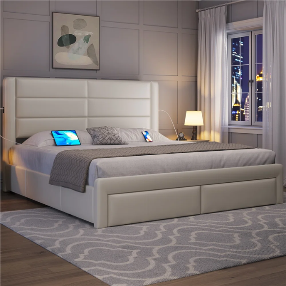 King Size Vegan Leather Metal Platform Storage Bed with 3 Drawers, Tufted Headboard, and Built-In USB Ports – Modern Design for Ultimate Comfort and Convenience