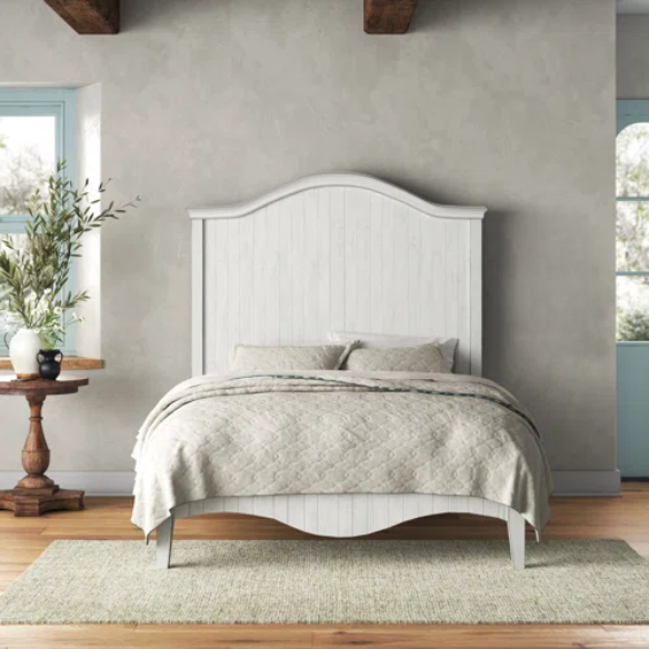 Rustic Charm Meets Chic Elegance: Solid Wood Platform King Size Bedroom Set with Scalloped Edges, Weathered White Wash Finish, Unique Grain Patterns, Angled Feet, and Oil-Rubbed Bronze Drawer Pulls