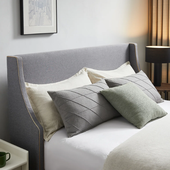 Elegant Linen Wingback Upholstered Platform Bed Frame – Luxurious Full Double Size Design with Gold Piping, Sturdy Support, and Effortless Assembly