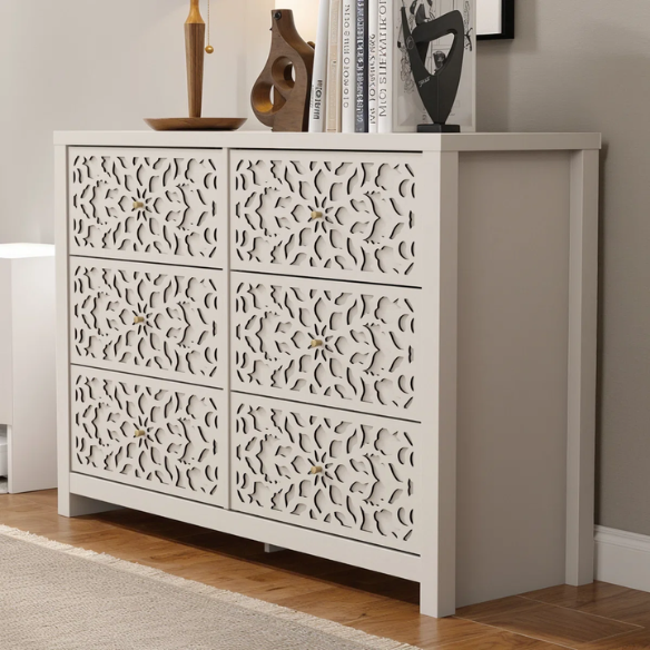 Boho-Inspired 45.4" 6-Drawer Dresser with Distressed Finish and Openwork Floral Details