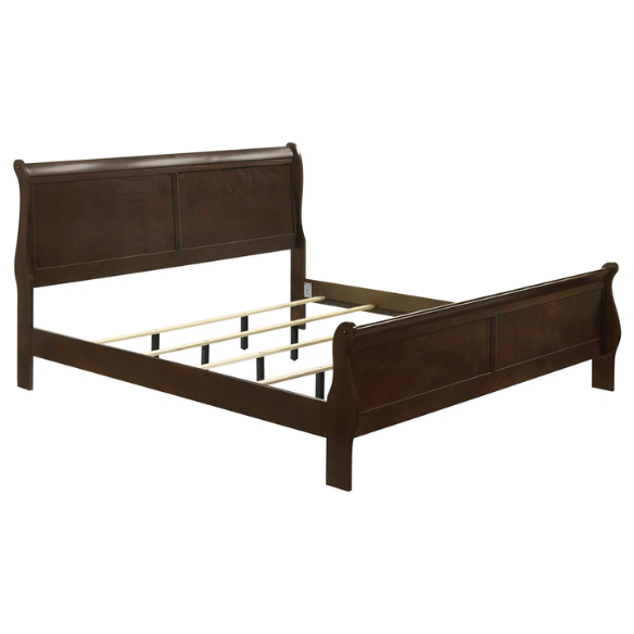 5-Piece Bedroom Set – Traditional Style with Flared Headboard, Dovetail Construction, Silver Bail Handles, and Spacious Storage – Crafted from Select Hardwoods and Veneers in a Warm Cappuccino Finish – Includes Bed, Nightstand, Dresser, Chest, and Mirror