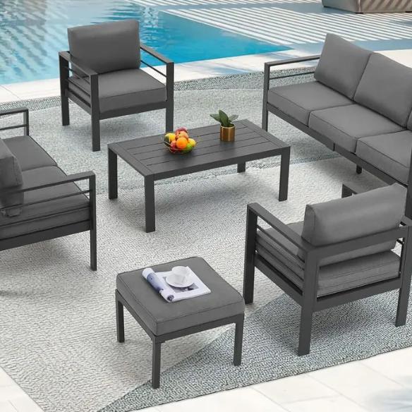 Modern Outdoor Patio Furniture Set | 7-Piece Conversation Set with Coffee Table and Cushions | Ideal for Balcony, Porch, and Lawn