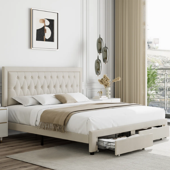 Luxurious King Size Velvet Tufted Upholstered Bed Frame with Adjustable Headboard, Button Tufting, and Nailhead Trim – No Box Spring Needed for Superior Support and Comfort