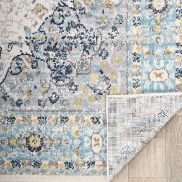 Distressed Oriental-Inspired Indoor Rug – Blue, Yellow & Cream Medallion Pattern, Stain-Resistant, Fade-Resistant, Perfect for Traditional & French Country Décor