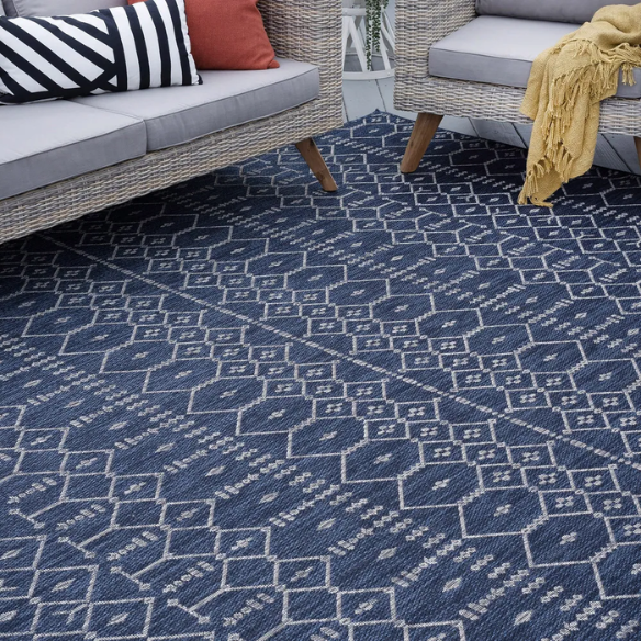 Boho-Inspired Navy & Grey Geometric Rug – Fade & Stain-Resistant, Low-Pile, Perfect for High-Traffic Indoor/Outdoor Spaces
