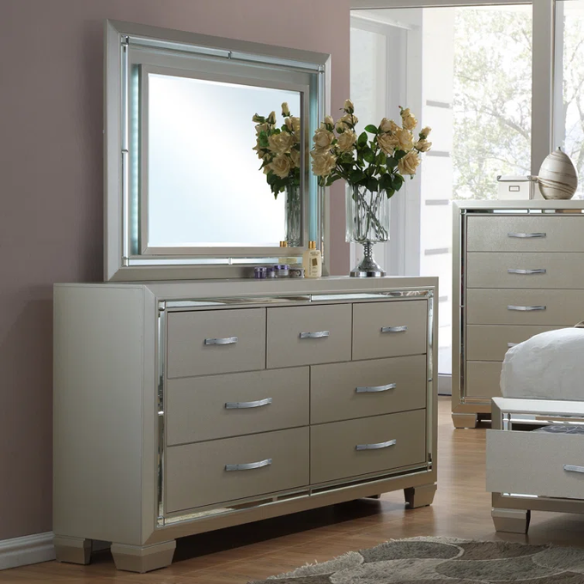 Elegant Glamour: 5-Piece Bedroom Set with Lustrous Platinum Dresser, Crystal and Chrome Handles – A Stunning, Star-Quality Collection to Elevate Your Bedroom Décor