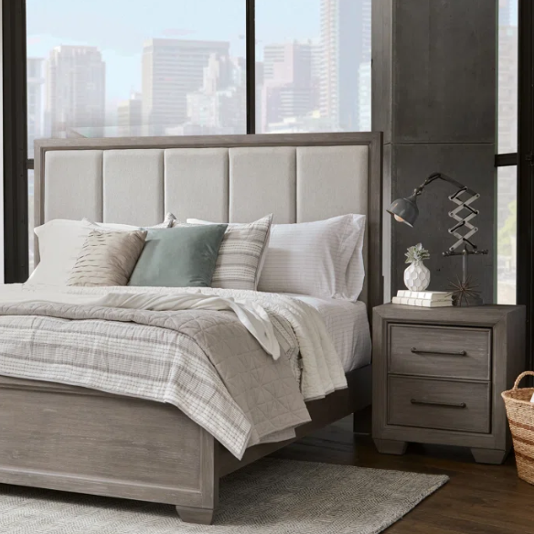 5-Piece Wood Bedroom Set with Upholstered Panel Bed, Dresser, Mirror, and Nightstand