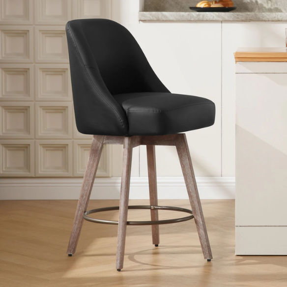 Modern Counter Height Swivel Bar Stool – Upholstered Faux Leather/Polyester Blend Seat, Solid Beech Wood Frame, Ergonomic High Back, Bronze Metal Footrest, 300lb Capacity for Kitchen, Bar, or Pub