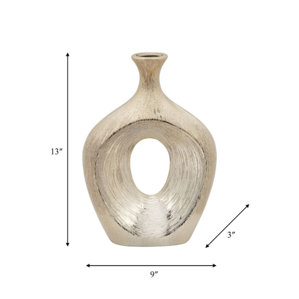 Abstract Sculptural Ceramic Vase with Unique Oval Cut-Out Design – 13" Modern Beaded Accent Vase for Tabletop or Shelf Décor, Ideal for Faux Florals and Statement Styling