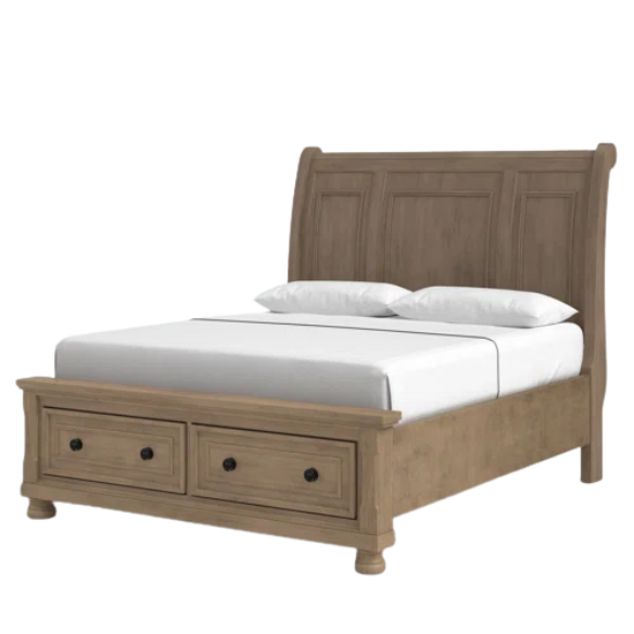 Stylish King Platform Solid Wood Configurable Bedroom Set – Featuring Curved Paneled Headboard, Footboard Storage Drawers, Seven-Drawer Dresser, and Two-Drawer Nightstand for a Functional and Clutter-Free Teen Retreat