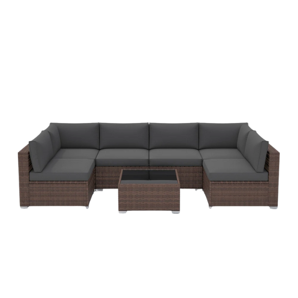 7-Piece Modular Patio Furniture Set | Wicker Outdoor Sectional Sofa with PE Rattan, Plush Pillowtop Cushions, and Coffee Table