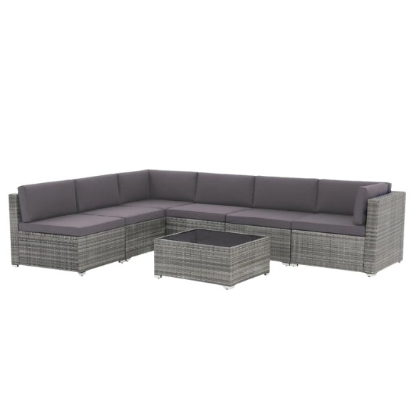 7-Piece Modular Patio Furniture Set | Wicker Outdoor Sectional Sofa with PE Rattan, Plush Pillowtop Cushions, and Coffee Table