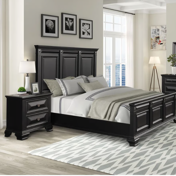 5-Piece King Bedroom Set – Solid Wood Construction with Muted Silver Accents, Fluted Pilasters, French Bracket Foot Bases, and Elegant Dovetail Drawer Detailing for Timeless Sophistication