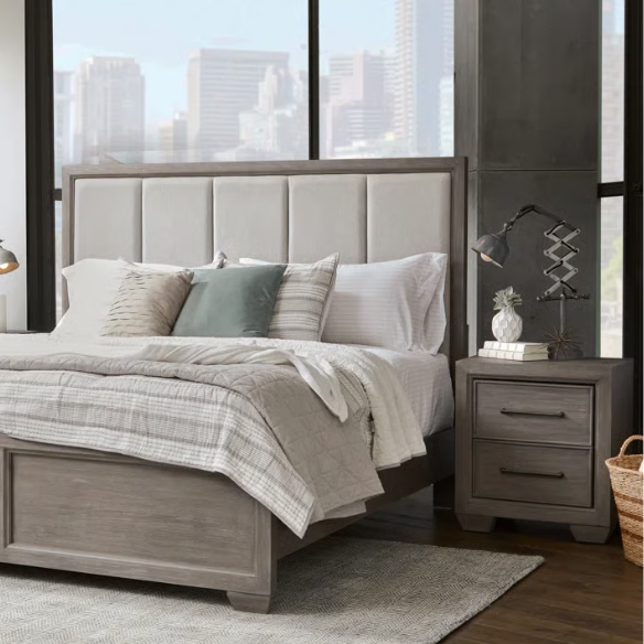 6-Piece Gray Wood Bedroom Set with Upholstered Panel Bed, Dresser, Mirror, 2 Nightstands, and Chest – Elegant and Timeless Design
