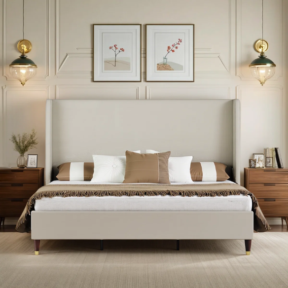 Queen Size Sleek and Minimalist Upholstered Platform Bed with Soft Linen Fabric – Elegant and Modern Design