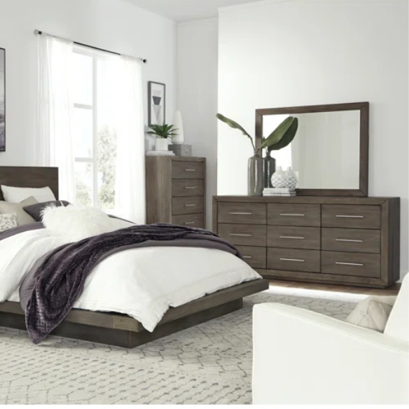 Rustic Mountain Retreat: Solid Wood Platform 4-Piece Bedroom Set – Low-Profile Bed, 9-Drawer Dresser, Nightstand, and Optional 5-Drawer Chest, Crafted from Pine Wood with Warm Finish and Natural Grain Variations for Cozy, Casual Elegance