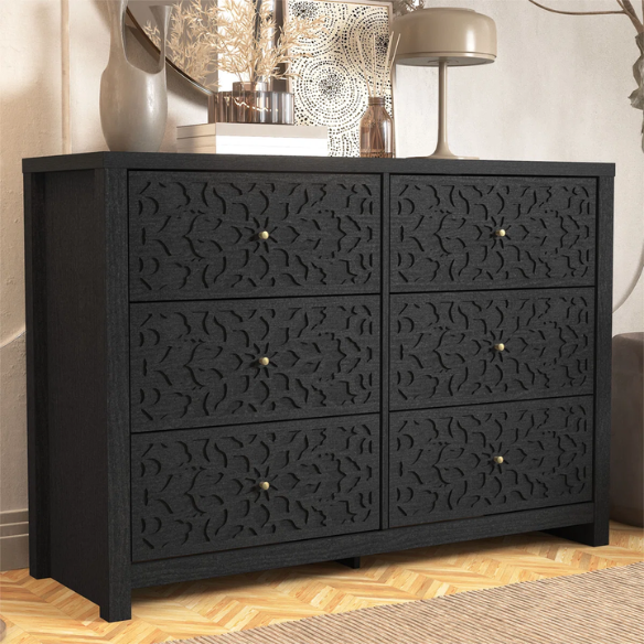 Boho-Inspired 45.4" 6-Drawer Dresser with Distressed Finish and Openwork Floral Details