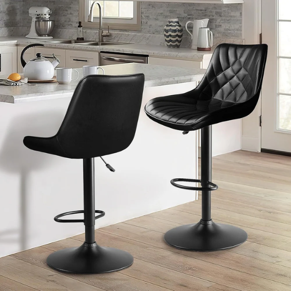 Set of 2 Adjustable Height Swivel Bar Stools with Back – Mid-Century Modern Design, Polished Chrome Base, Ergonomic Imitation Leather Seat, 360° Rotation for Kitchen Island or Bar